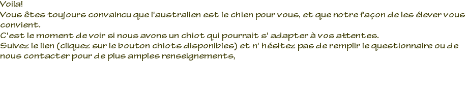 Voila! Vous êtes toujours convaincu que l'australien est le chien pour vous, et que notre façon de les élever vous convient. C'est le moment de voir si nous avons un chiot qui pourrait s' adapter à vos attentes. Suivez le lien (cliquez sur le bouton chiots disponibles) et n' hésitez pas de remplir le questionnaire ou de nous contacter pour de plus amples renseignements,